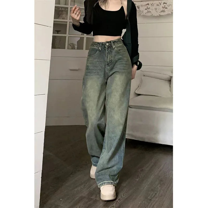 Vintage 90S Baggy Straight Denim Trousers Female Y2K High Waist Loose Wide Leg Jeans Women Streetwear All-Match Casual Pants New - Lootquake