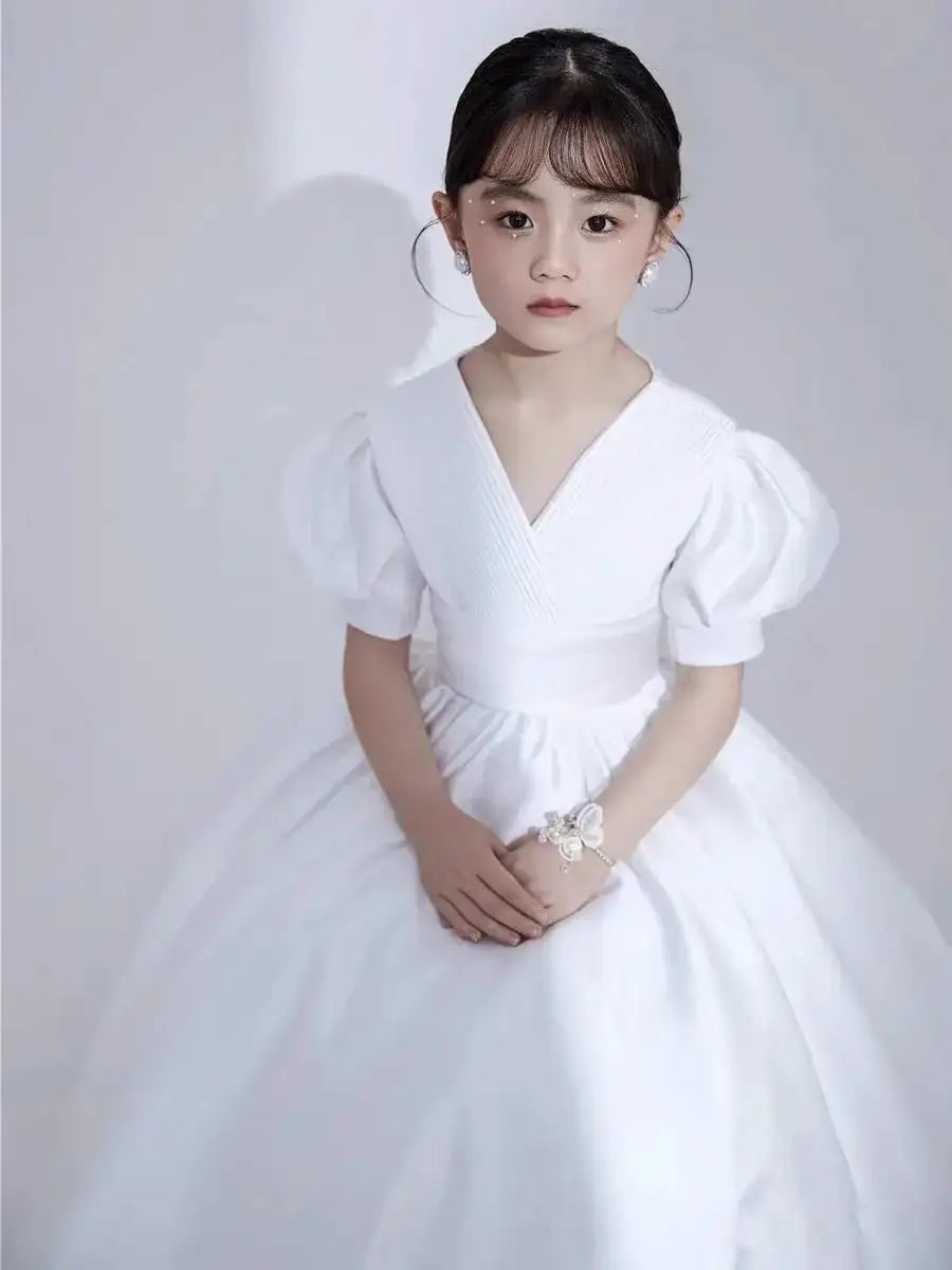 Children's Dress V-Neck White Patchwork Bow Short Sleeve Summer Clothes Fashion Girls Birthday Party Princess Long Dress 3-8year - Lootquake