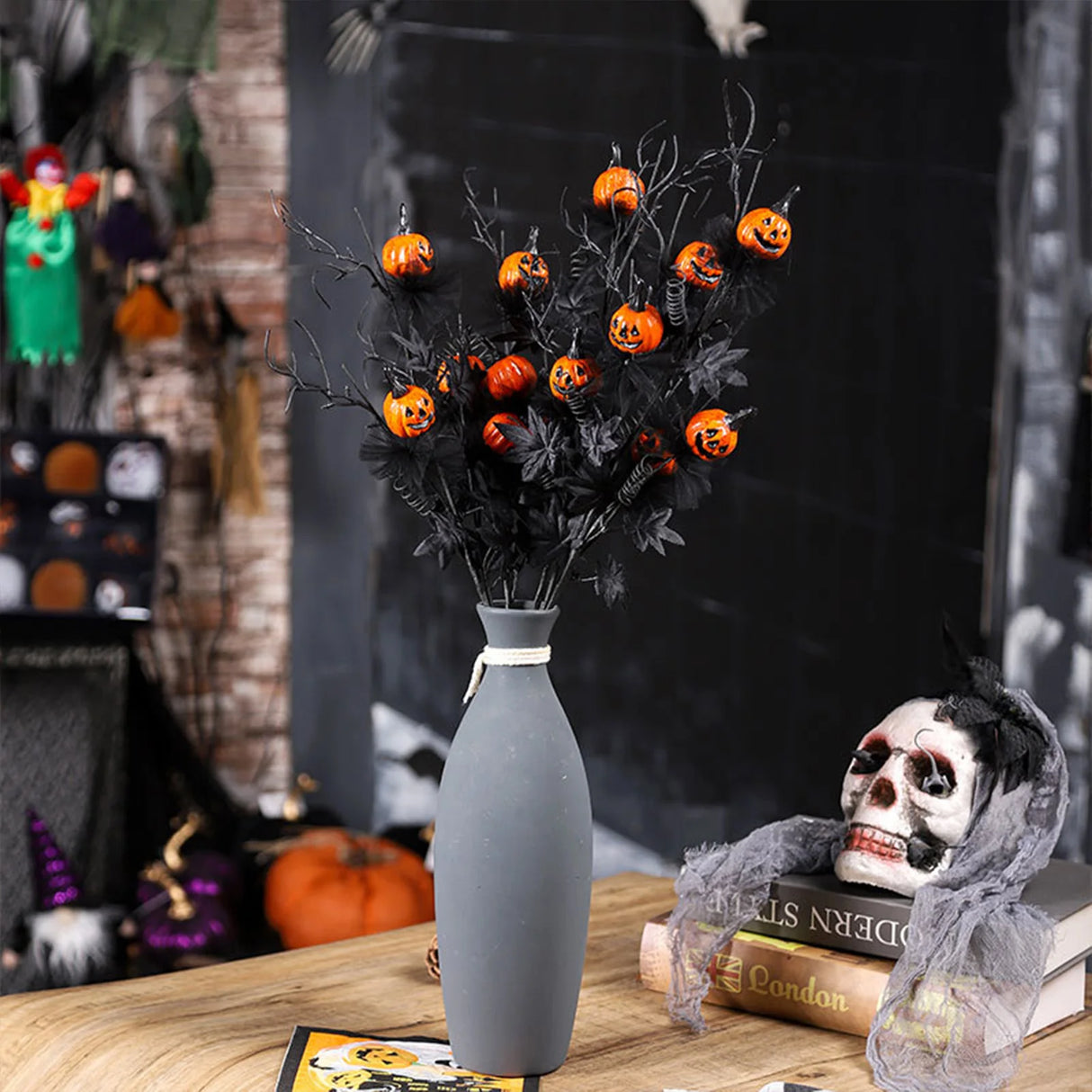 Ramo de flores de Halloween 2025 con cabeza de calabaza aterradora negra para mesa de comedor, chimenea, decoración para fiestas en el hogar