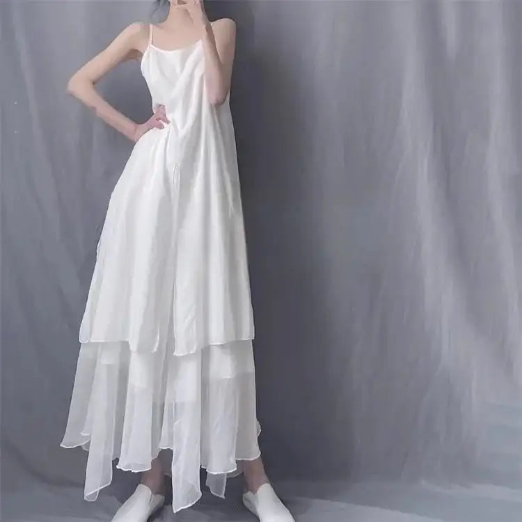 2024 Cotton Linen Women's Summer New Dress Artistic Range Medium Long Dress Sleeveless Tank Irregular Large Flounce - Lootquake