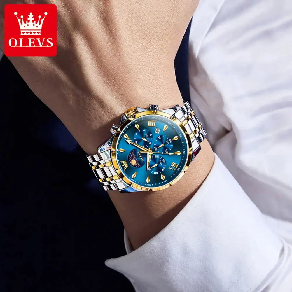 OLEVS 3653 Men Watch Luxury Brand Quartz Watch Multi functional Automatic Date Timer Watch Waterproof Luminous Moonphase Watch - Lootquake