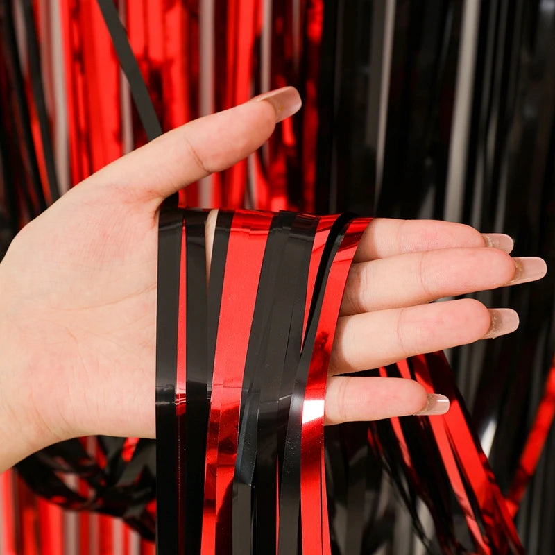 Rideau de pluie en soie avec pompons métalliques, décoration d'Halloween, noir et rouge, orange, 1 x 2 m