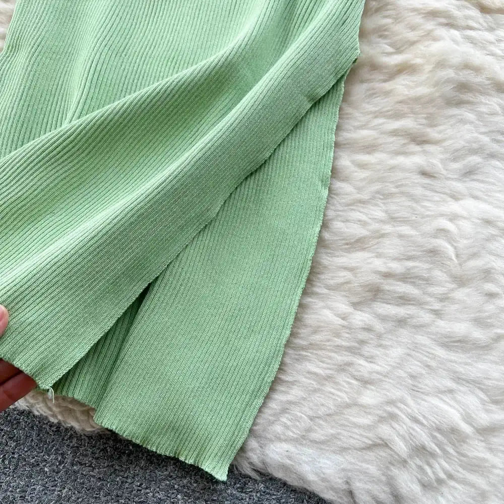 Green 2024 Sexy Summer Knit Short Sleeve Dress Women Squar Collar Waist Bodycon Sundress Female Beach Backless Long Dress - Lootquake