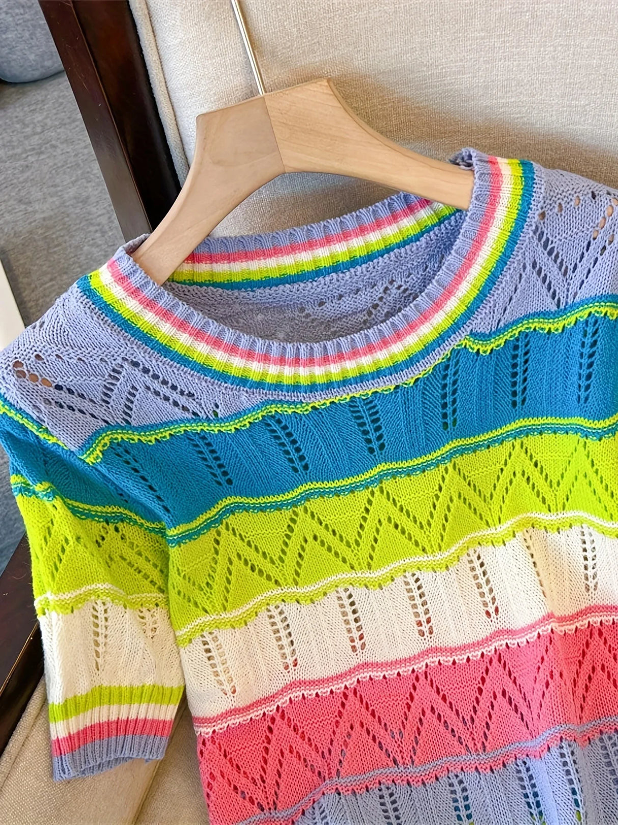 2024 New Summer Hollow Out Eyelet Rainbow Striped T-shirt Casual Crew Neck Short Sleeve T-shirt Women's Clothing Crop Top - Lootquake