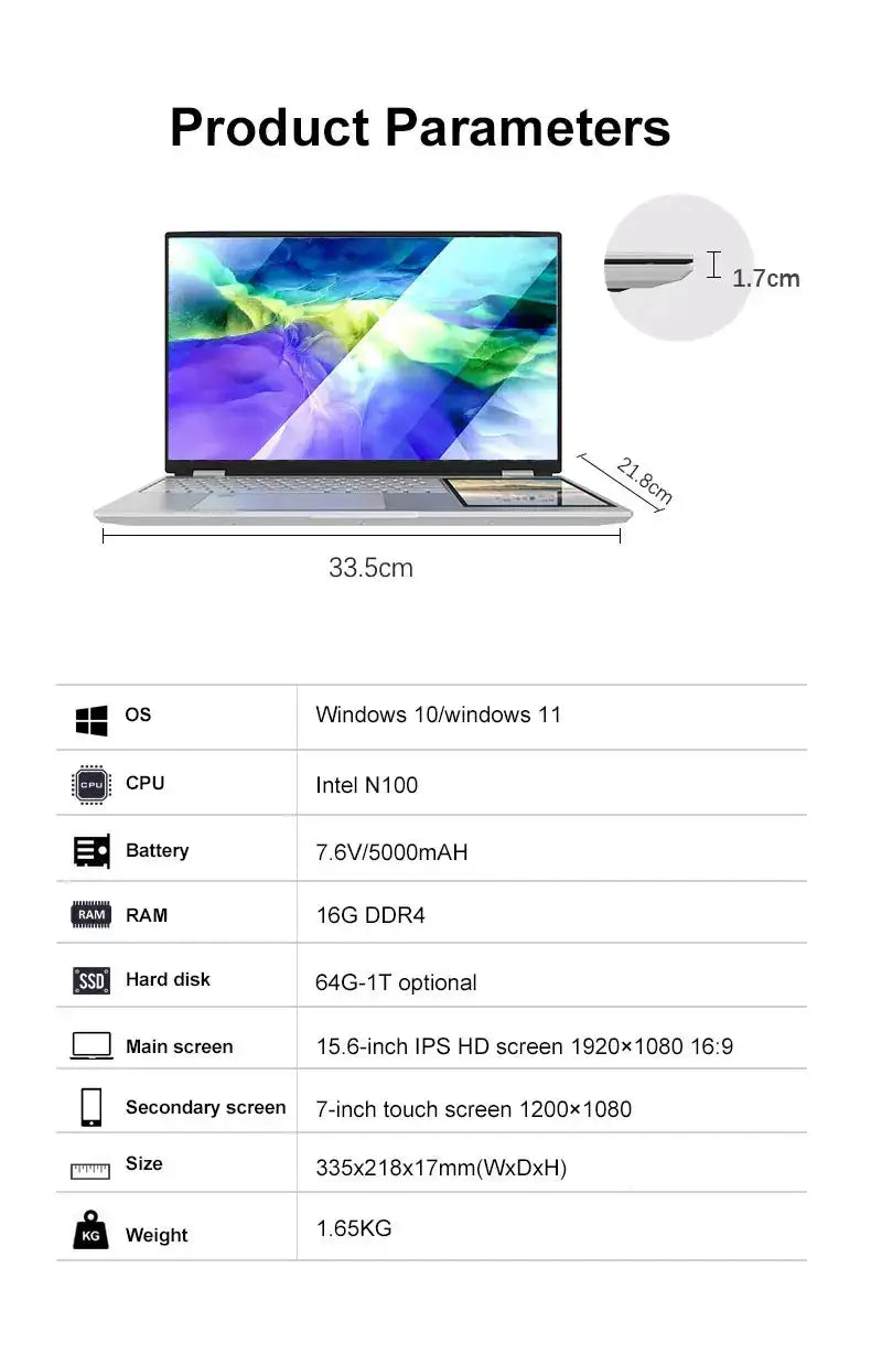 CRELNADER Dual Screen Laptop 7 Inch Touch Screen Metal Case RGB Backlit Fingerprint Unlock Window 11 Ultrathin Laptops Notebook - Lootquake