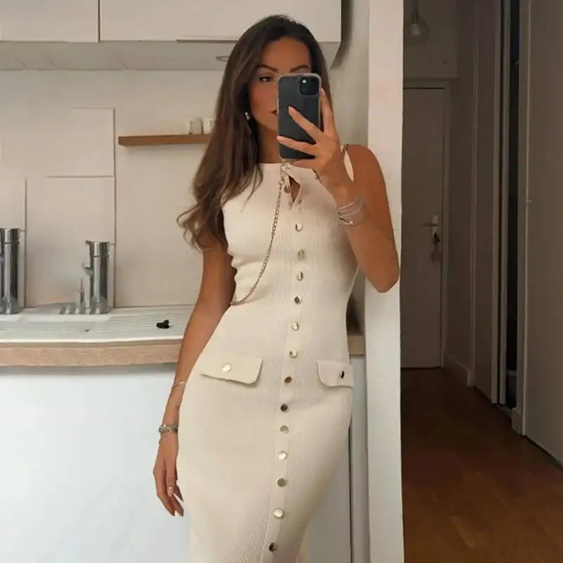 Fashion Knitted Long Dress For Women Elegant Sleeveless Button Maxi Sweater Bodycon Dresses Female Party Fashion Vestidos 2024 N - Lootquake