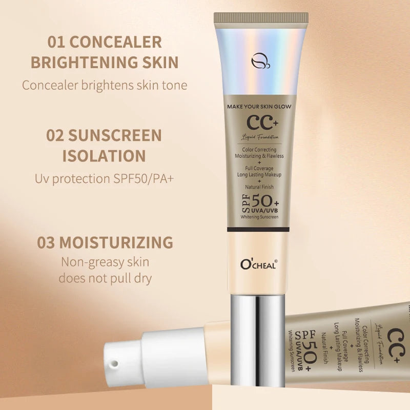 Ocheal 30 g CC Cream Foundation Corrector a prueba de agua Hidratante Protector solar Líquido FPS 50+ Prebase de maquillaje iluminadora de larga duración