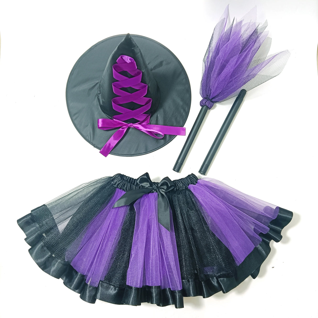 Girl's Halloween Witch Costume Set for Cosplay Parties Includes Breathable Soft Lining Skirt Broom Hat for Children