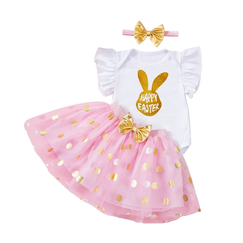Toddler Girls Spring Floral Print Ruffle Sleeve Romper with Matching Bow Headband and Tulle Skirt - Easter Outfit - Lootquake