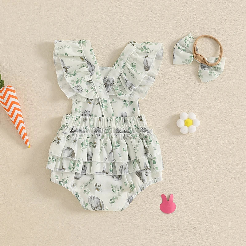 Toddler Girls 3Pcs Spring Outfits Floral Ruffle Sleeveless Romper Shorts Headband Set Baby Clothes Easter Costume - Lootquake