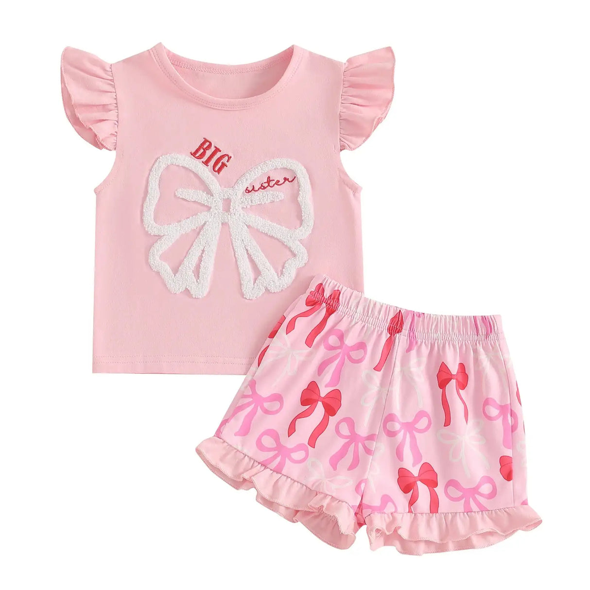 Cute Matching Baby Toddler Brother Outfit Bow Fly Sleeve Tops Elastic Waist Ruffle Shorts 2 Piece Summer Set for Siblings - Lootquake