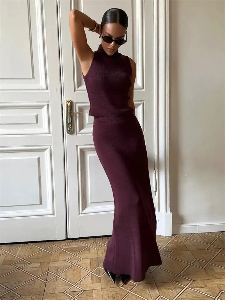 Tossy Elegant Knitwear 2 Piece-Set Long Dress Female Ribbed Sweater Pullover And Loose Patchwork Maxi Skirt Sets Ladies Outfits - Lootquake