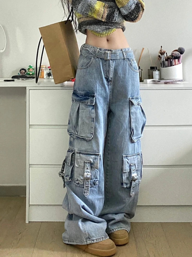Autumn Winter New Ladies Cargo Jeans American Street Style Baggy Cargo Pants Women Blue Multi-pocket Wide Leg Jeans for Women - Lootquake