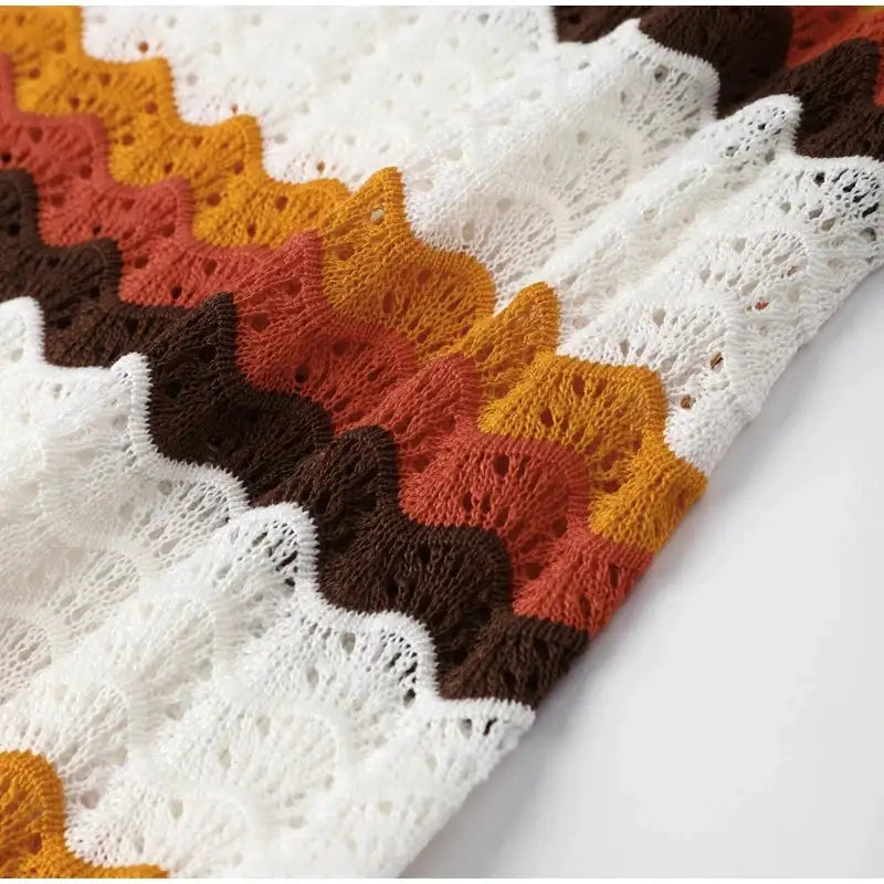 Striped Knitted Long Dress Women O-neck Backless Hollowed Out Long Sleeves Lady Bodycon Dress 2024 Spring Summer Vacation Robe - Lootquake