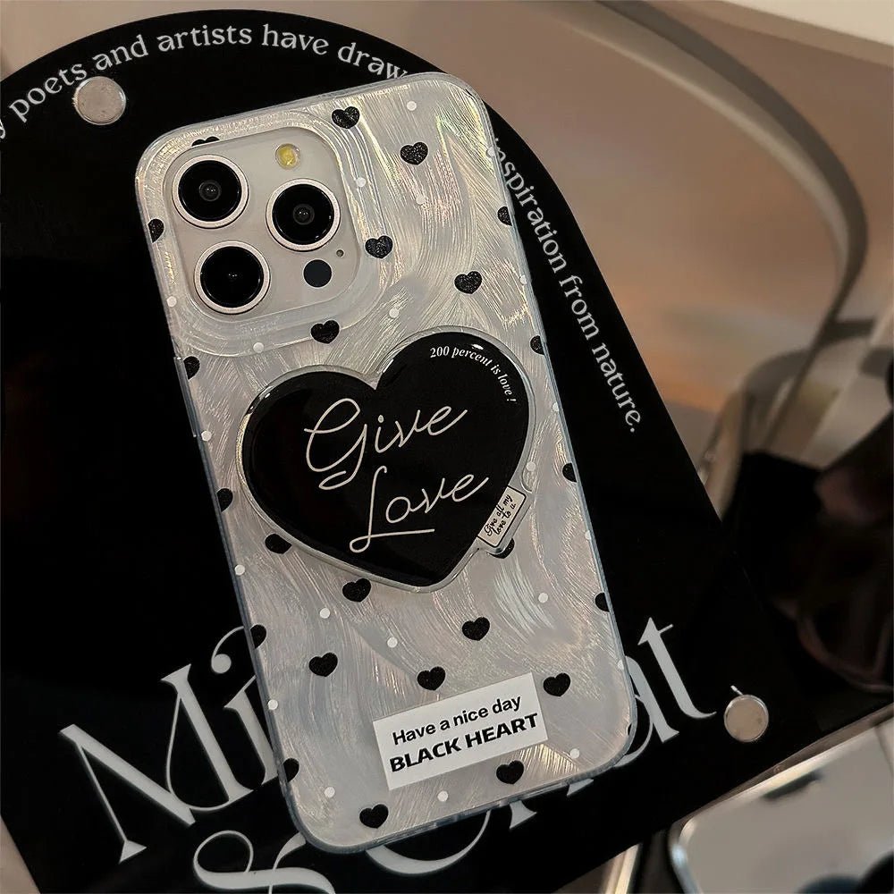 Estuche para teléfono con soporte para Tok con agarre en forma de corazón rojo y negro con láser deslumbrante