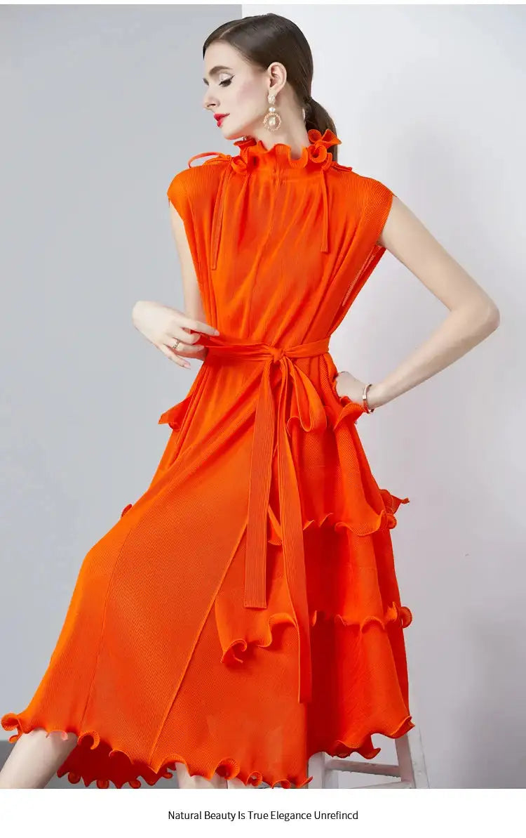 Miyake Pleated Shoulder Bag Heavy Industry Wood Ear Edge Pleated Lace-up Belt Long Dress Stand Collar Plus Size Women's Clothing - Lootquake