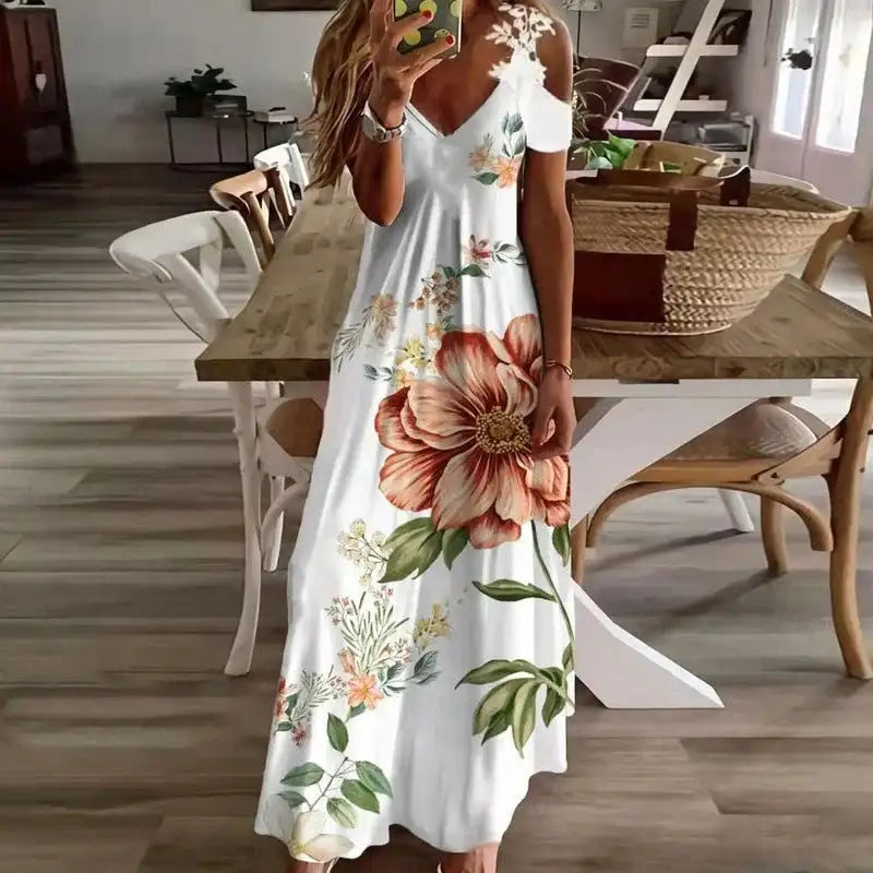 Women's Printed White Lace Sleeveless Suspender Dress Summer Fashion Casual Long Dress - Lootquake