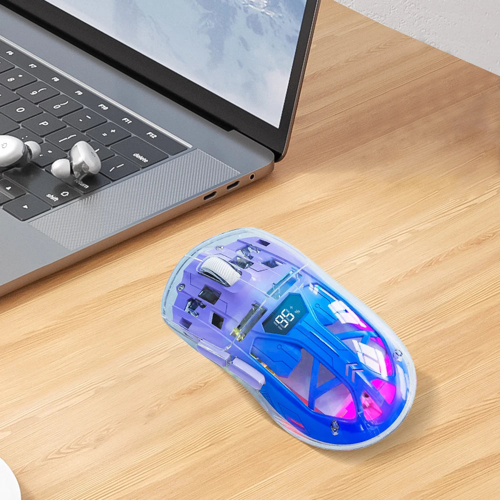 Souris de jeu sans fil transparente 2,4 GHz + BT5.0, affichage numérique, connexion multi-appareils, 5 niveaux de DPI pour ordinateur portable/téléphone/PC