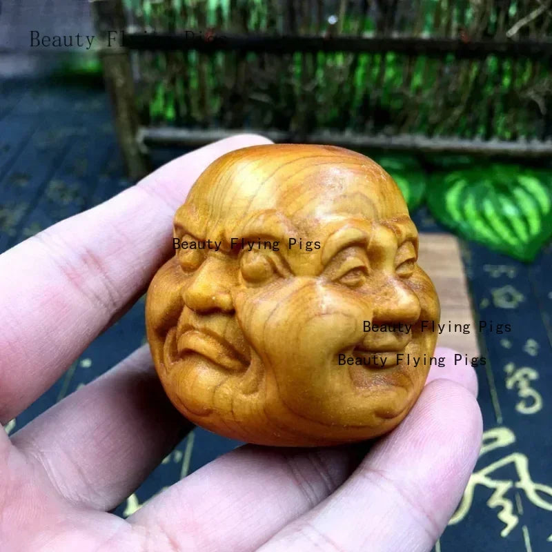 Chinese style cliff cypress wood carving with four sided Buddha decorations of joy, anger, sorrow, and music People sculpture