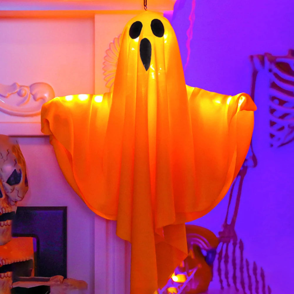 Fantôme blanc lumineux d'Halloween à suspendre avec guirlandes lumineuses, décoration d'extérieur d'Halloween, 50 cm, décoration de fête d'Halloween