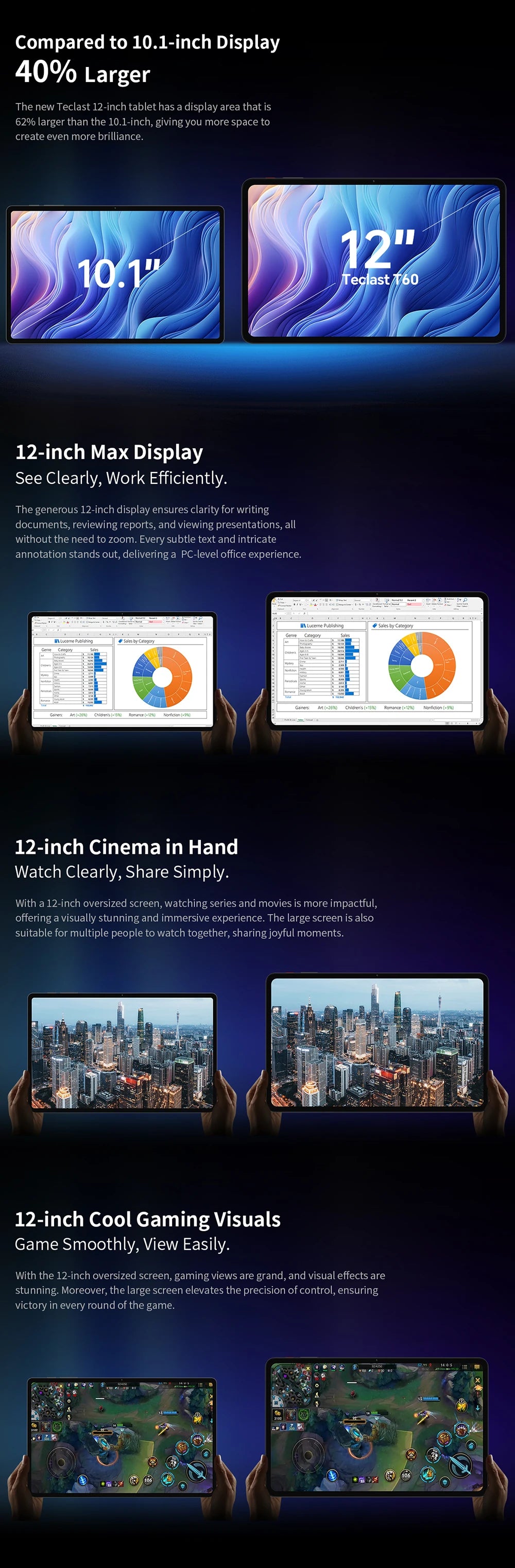 Écran extra large, tablette TECLAST T60, 12'' 2K FHD 2000x1200, Android 13, (8GB + 8GB) 16GB RAM, ROM 256GB, 8000mAh, charge rapide UNISOC T616 8 cœurs 4G VoLTE Wifi 13MP + 5MP