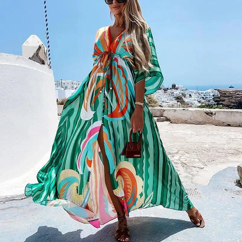2023 Women Gorgeous Boho Print Maxi Beach Dress Summer Deep V Slit Elastic Waist Party Dress Elegant Holiday Long Dress Vestidos - Lootquake