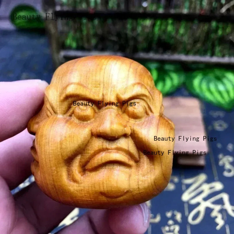 Chinese style cliff cypress wood carving with four sided Buddha decorations of joy, anger, sorrow, and music People sculpture