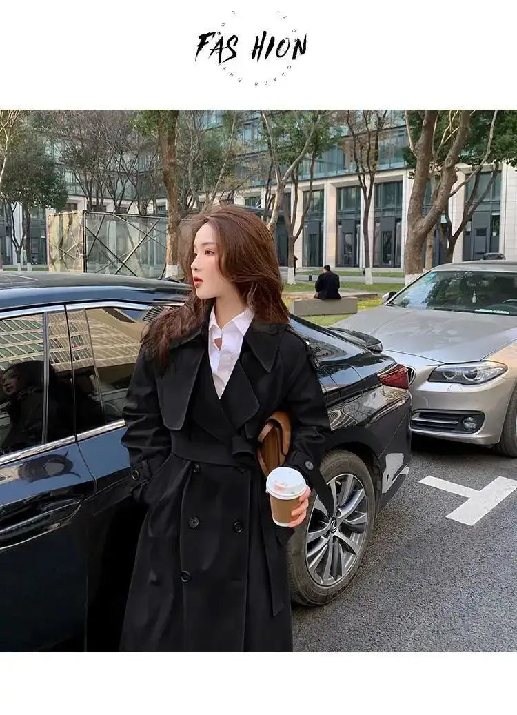 Streetwear Loose Trench Coat Midi Length Fashion Korean Elegant Khaki Black Women's Windbreaker Coat Casual Double Breasted Tops - Lootquake