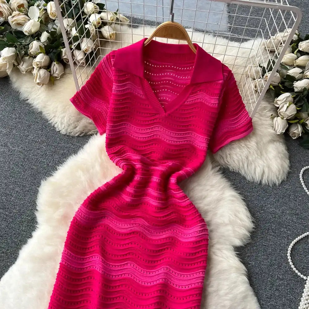 Short Sleeves Striped Long Dress Lapel Neck Hollow Out Slim Bodycon Sundress Fashion Hotsweet Knitted Beach Midi Dress - Lootquake