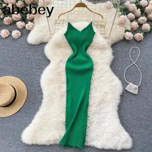 Summer V Neck Knit Sexy Strap Dress Women Elatic Waist Bodycon Sundress Female Beach Backless Maxi Long Dress