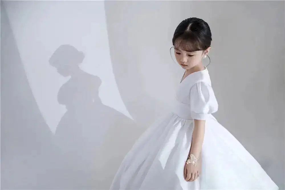 Children's Dress V-Neck White Patchwork Bow Short Sleeve Summer Clothes Fashion Girls Birthday Party Princess Long Dress 3-8year - Lootquake