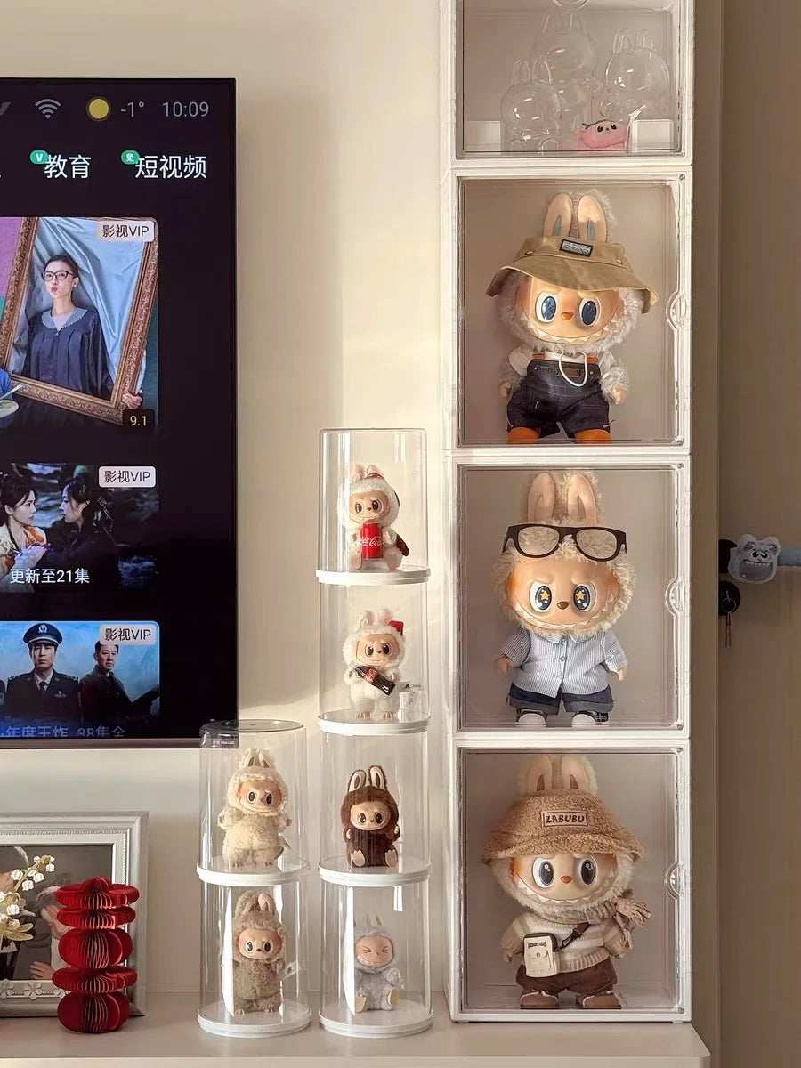 Boîte de présentation rotative transparente pour pendentifs Labubu, boîte de rangement pour poupées Labubu, résistante à la poussière et à l'humidité