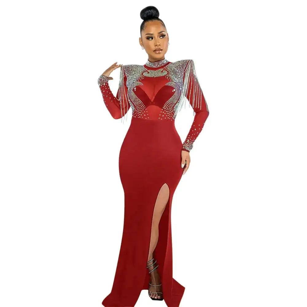 CM.YAYA Women Mesh See Through Long Sleeve Diamonds Hot Rhinestones Mermaid Long Dress Fall Evening Sexy Party Dresses Vestidos - Lootquake