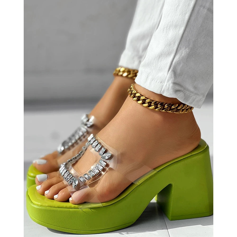 Sandals Women Clear Strap Chunky Heeled Sandals Women Platform Wedges High Heels Shoes Flip Flops Beach Slippers Dress Crystal - Lootquake
