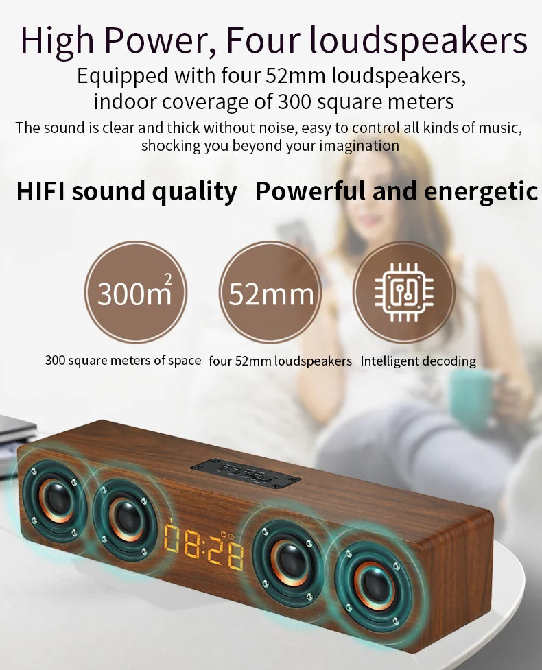 Altavoz Bluetooth de madera, portátil, inalámbrico, subwoofer, reloj, caja de sonido, ordenador de casa, barra de sonido de pared, estéreo HiFi, TF, AUX, disco U