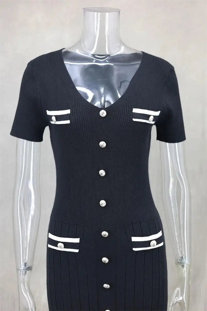 Office Lady Elegant Knitted Long Dress Summer Short Sleelve V Neck Single Breasted Bodycon Dresses Women Party Fashion Vestidos - Lootquake