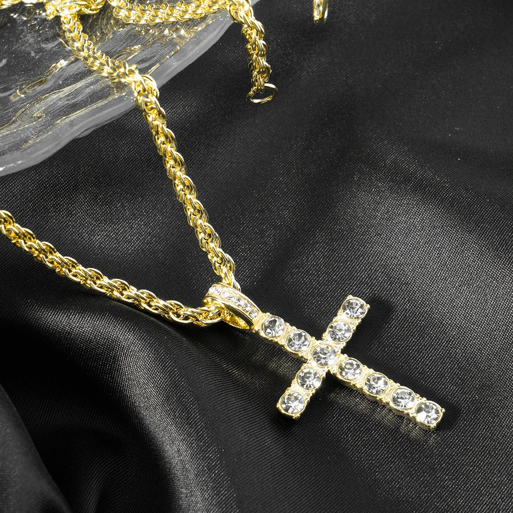 Hip Hop Cross Pendant Necklace Strap 4mm Zircon Tennis Chain Iced Out Sparkling Necklace Men Women Punk Jewelry Fashion Gift - Lootquake