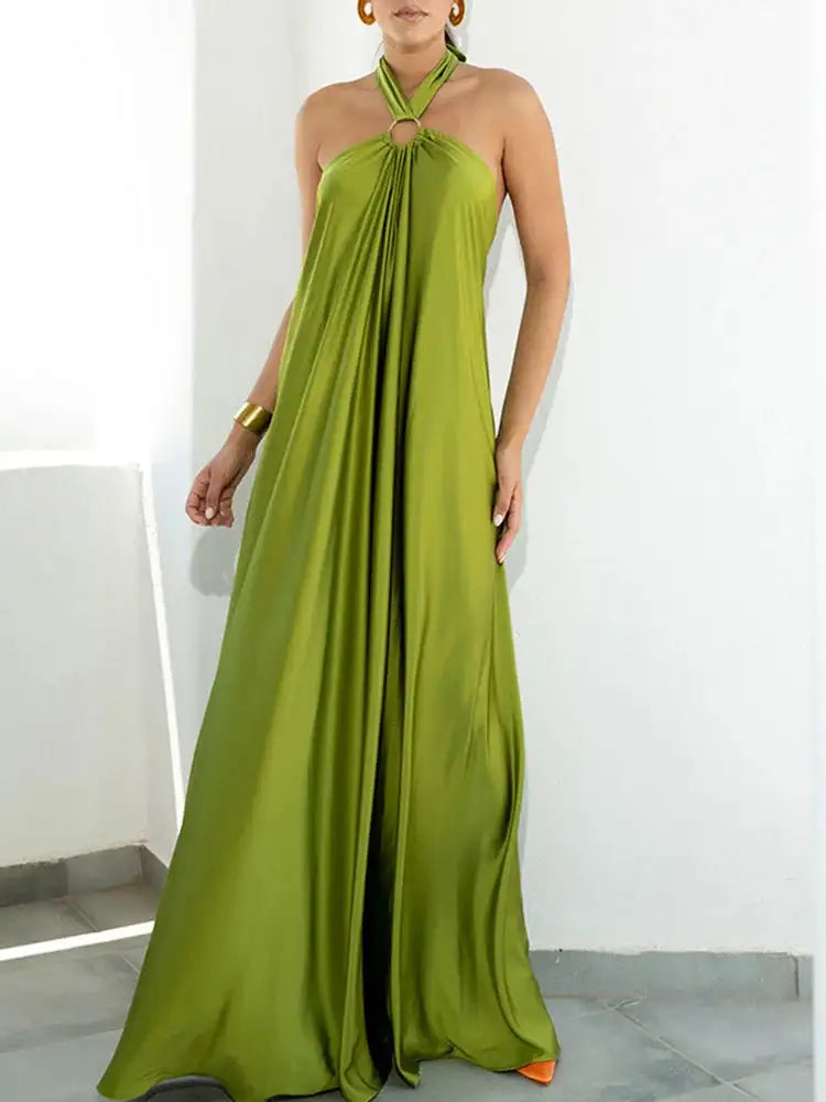 Elegant Women Solid Maxi Beach Dress Sexy Halter Neck Backless Lady Party Dress 2025 Summer Sleeveless Loose Long Dress Vestidos - Lootquake