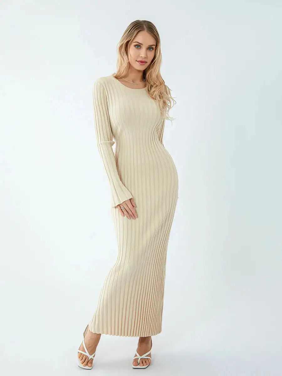 Women Spring Autumn Lace-up Knit Dress Elegant Long Sleeve Crew Neck Ribbed Solid Color Long Dress Streetwear - Lootquake