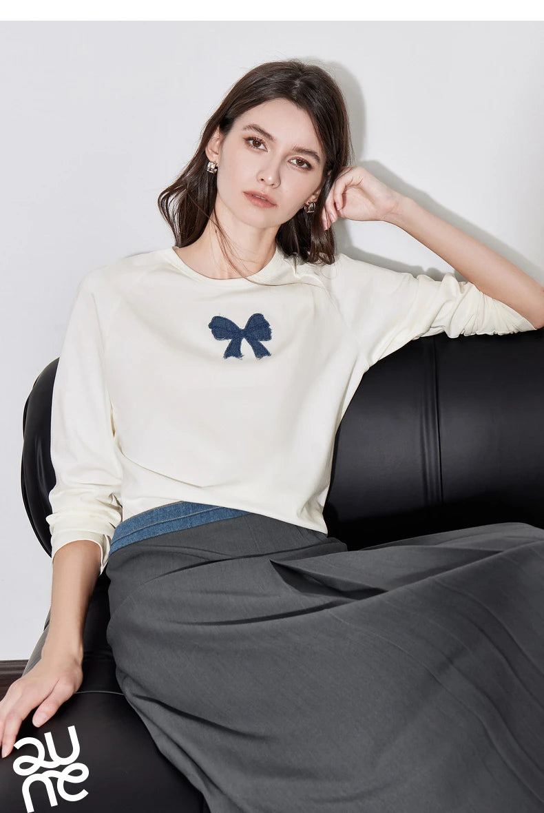 TOYOUTH Women T-shirt 2024 Autumn New Denim Bow Contrasting Color Raglan Sleeve Pullover Casual Tops - Lootquake