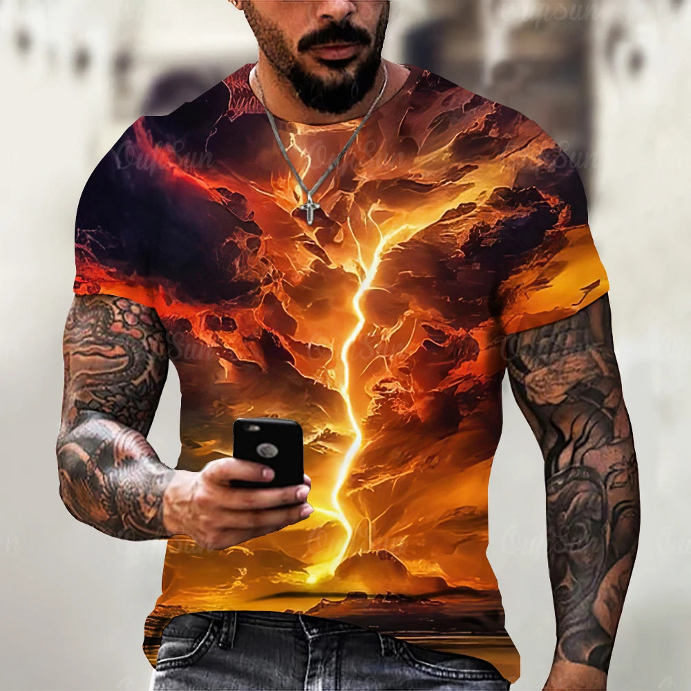 Men's T Shirt 3d Lightning Print Mens Short-Sleeved Tops Summer Street Fashion T-Shirt for Men Casual Tees Oversized Clothing XL - Lootquake