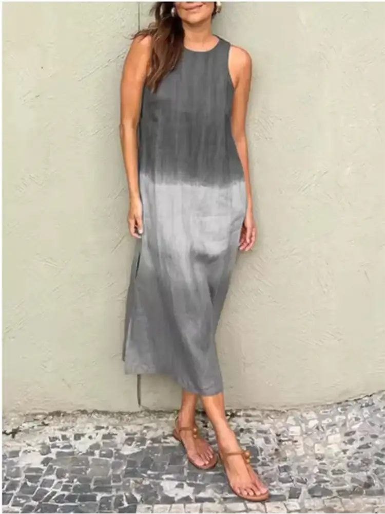 Fashion Vest Long Dress Women Summer Sleeveless o Neck Dress Summer Gradient Casual Dresses - Lootquake