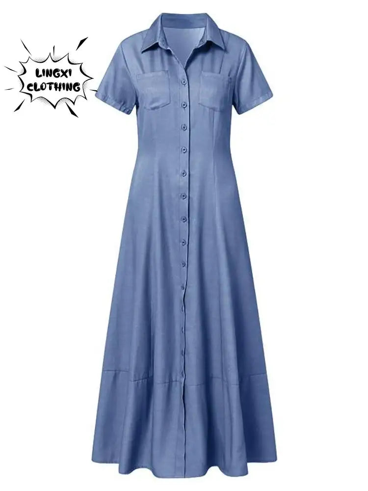 2023 Fashion New Long Dress Shirt Neck Pocket Large Swing Dress Casual Elegant Temperament Single Breasted Denim Dress - Lootquake