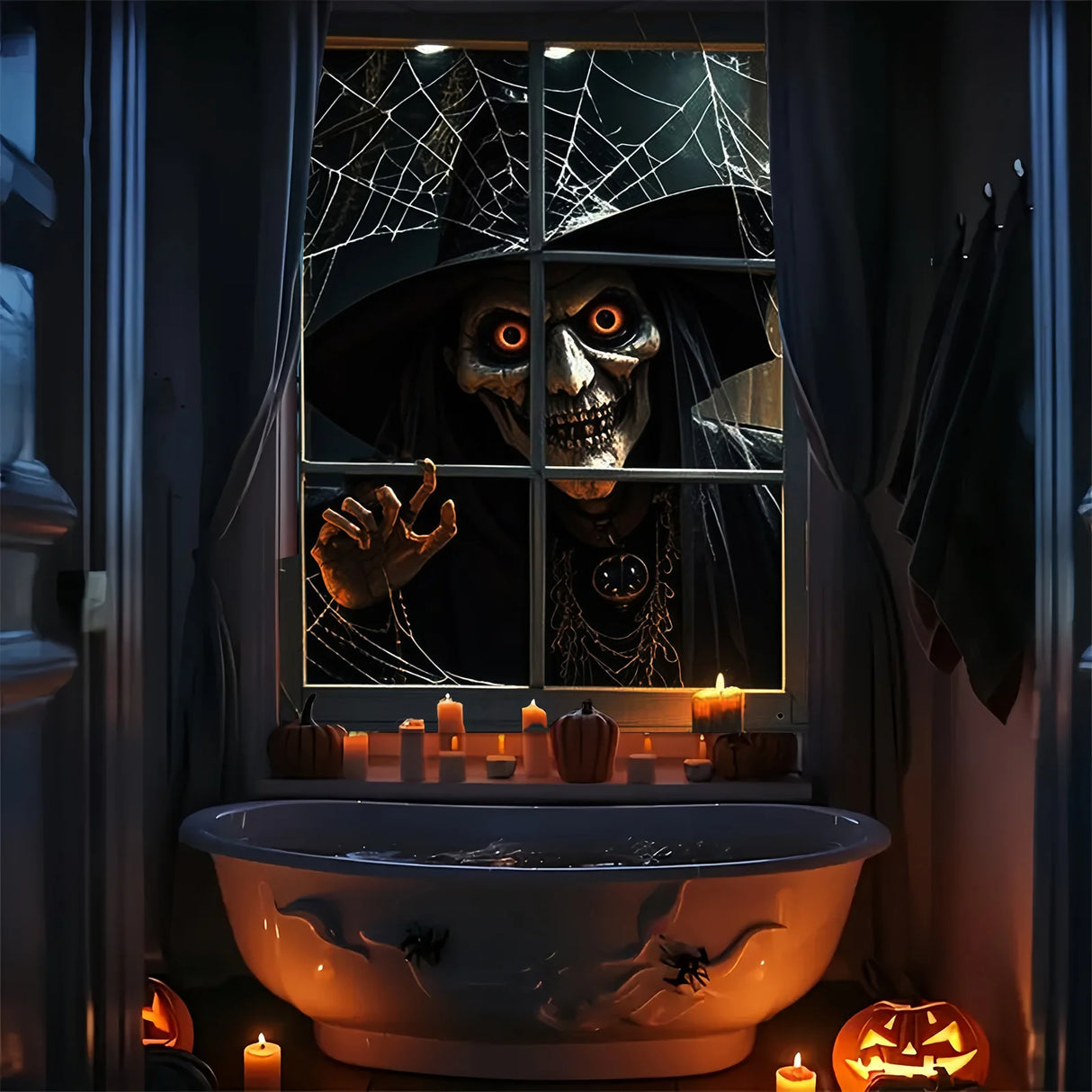 Décoration d'Halloween, 1 pièce, bannière de fenêtre en polyester avec des motifs terrifiants et fantastiques, thème de sorcière maléfique