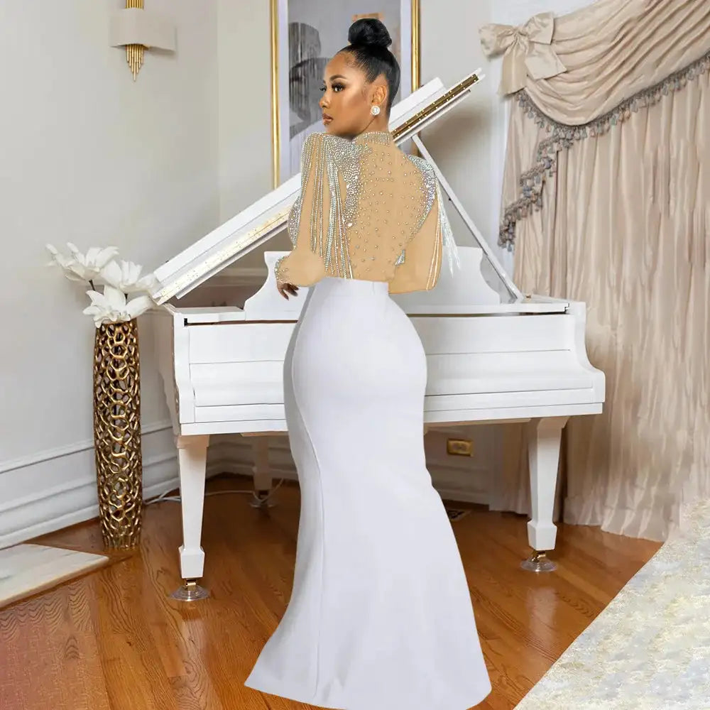 CM.YAYA Women Mesh See Through Long Sleeve Diamonds Hot Rhinestones Mermaid Long Dress Fall Evening Sexy Party Dresses Vestidos - Lootquake