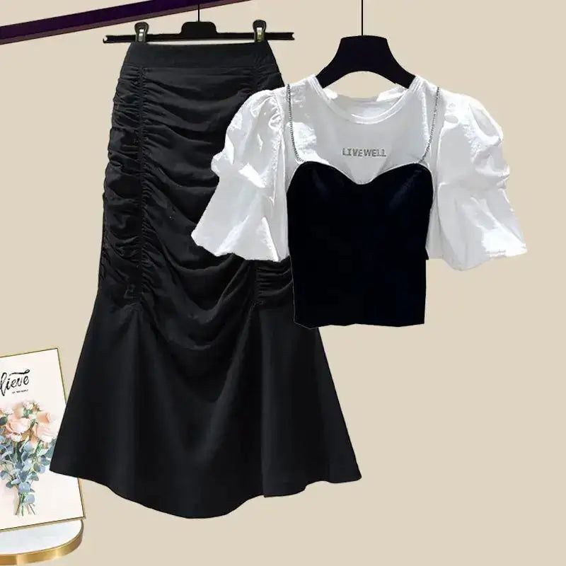 Spring/Summer Set Women's New Korean Edition Sweet and Spicy Bubble Sleeve Spliced Top Age Reducing Half Skirt Two Piece Set - Lootquake