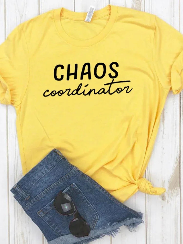 Women T Shirt Chaos Coordinator Letters Print Tshirt Women Short Sleeve O Neck Loose T-shirt Ladies Causal Tee Shirt Tops - Lootquake