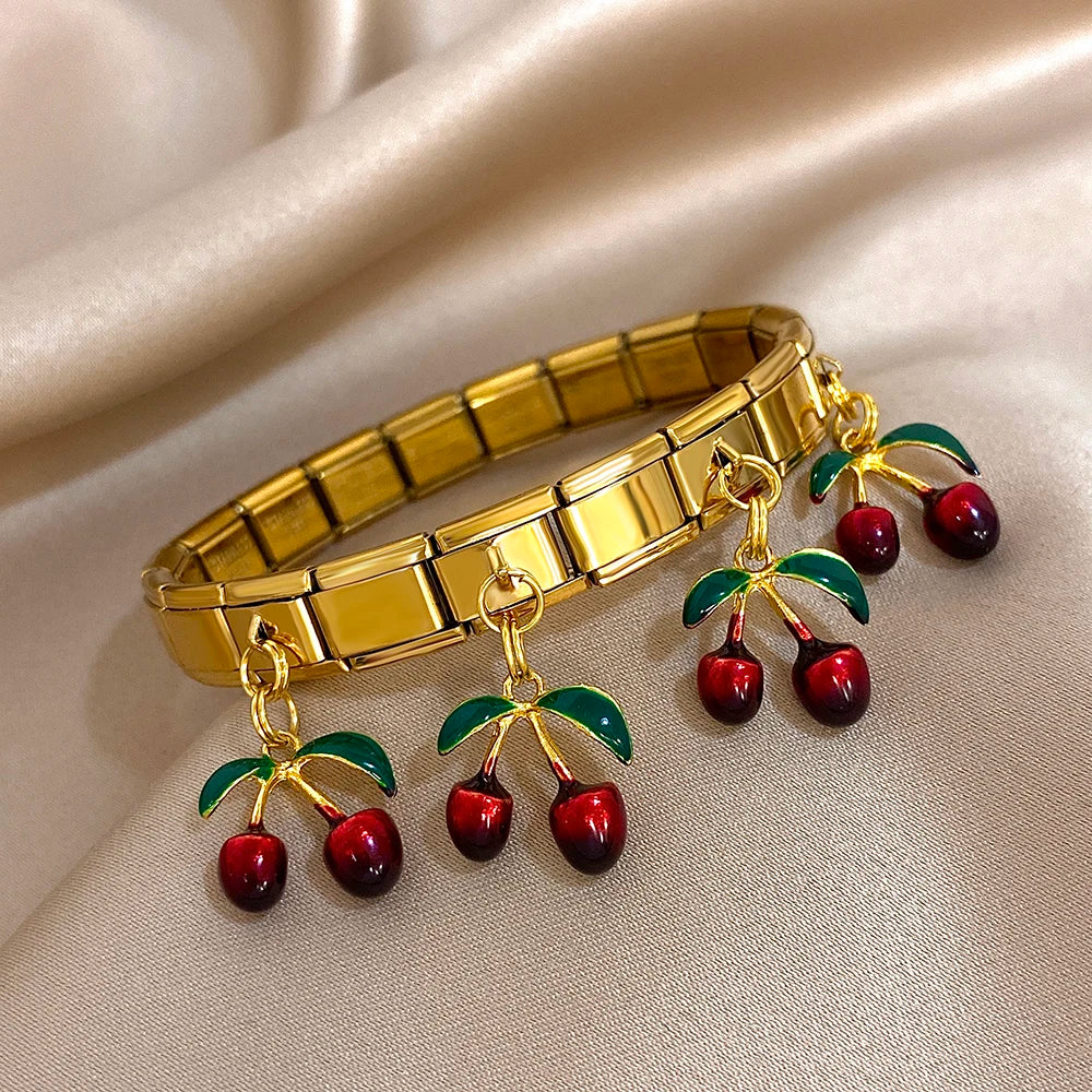 Greatera Cherry Pendant Pattern Bangle For Women Trendy 9mm Wide Design Bracelet Tide Delicacy Creative Euro-american Jewelry - Lootquake