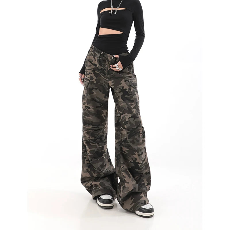 American Retro High Street Casual Overalls Camouflage Loose Wide Leg Pants For Women Y2k Hip-hop Cargo Grunge Baggy Trousers - Lootquake