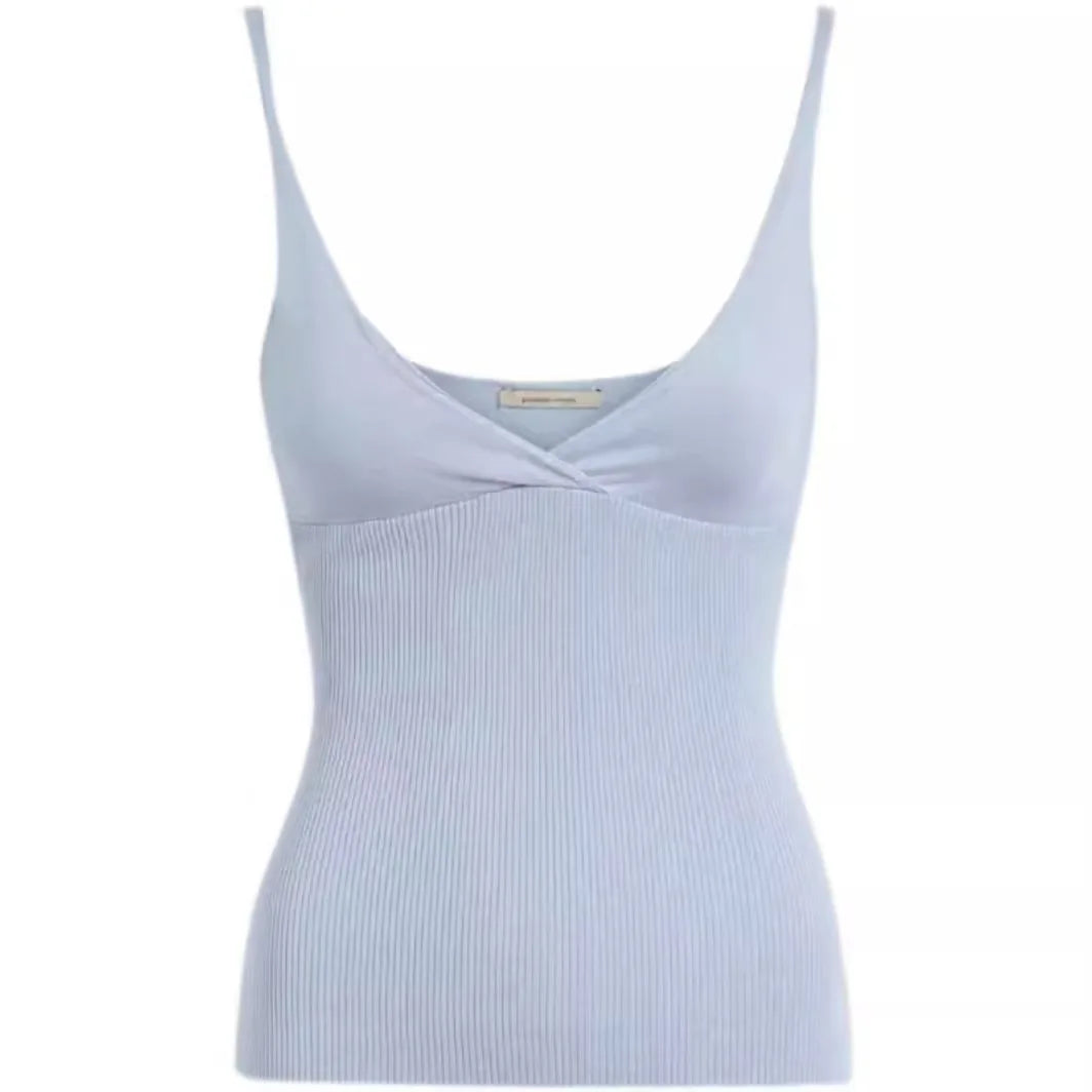 23 new embroidered V-neck slim fit sleeveless short ribbed knit camisole top for women's summer - Lootquake